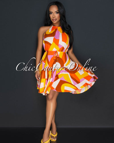 Idasia Tangerine Mustard Halter Flowy Dress