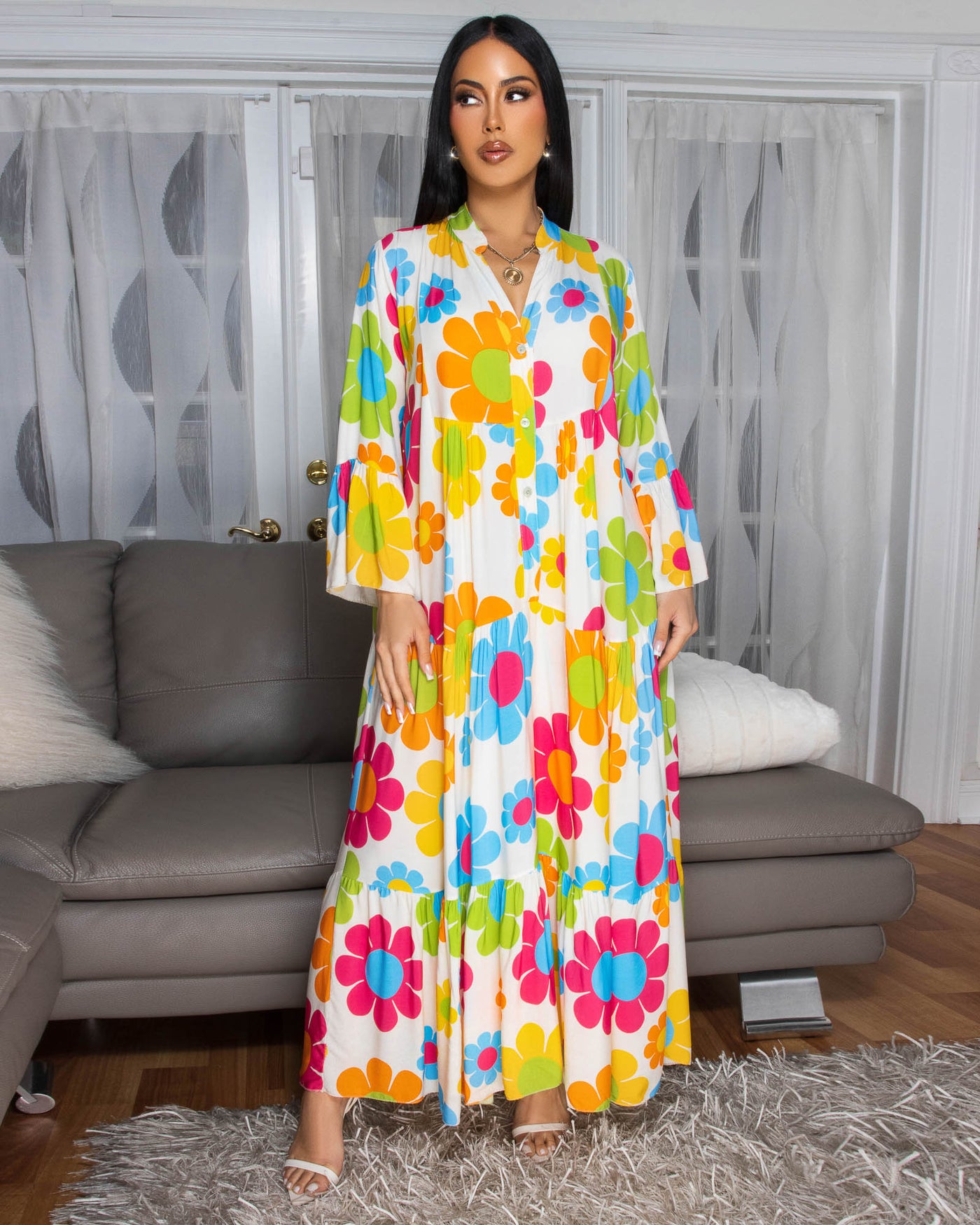 Tallas White Multi-Color Floral Print Maxi Dress