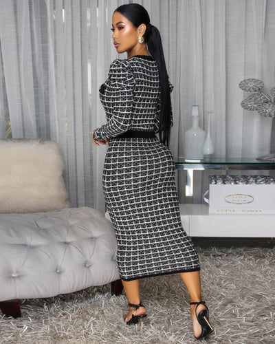 Valmy Black White  Knit Midi Dress