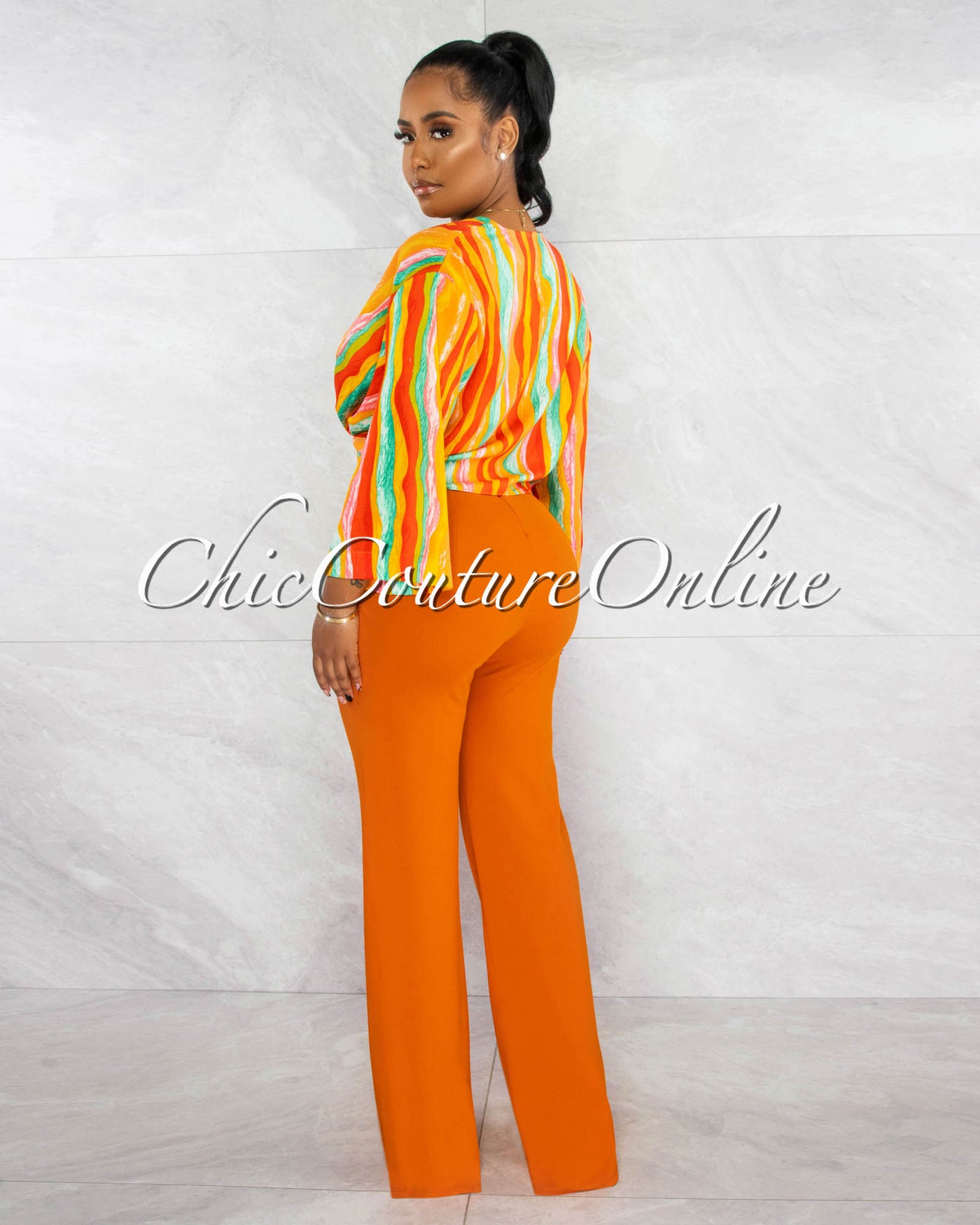 *Darizza Orange Multi-Color Print Front Knot Crop Blouse