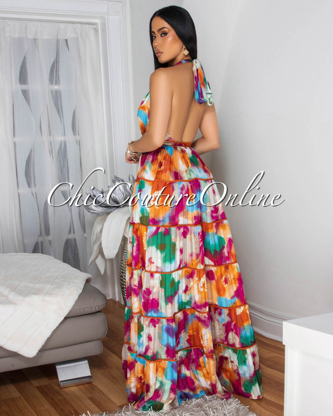 Kerisia Orange Multi-Color Halter Maxi Dress