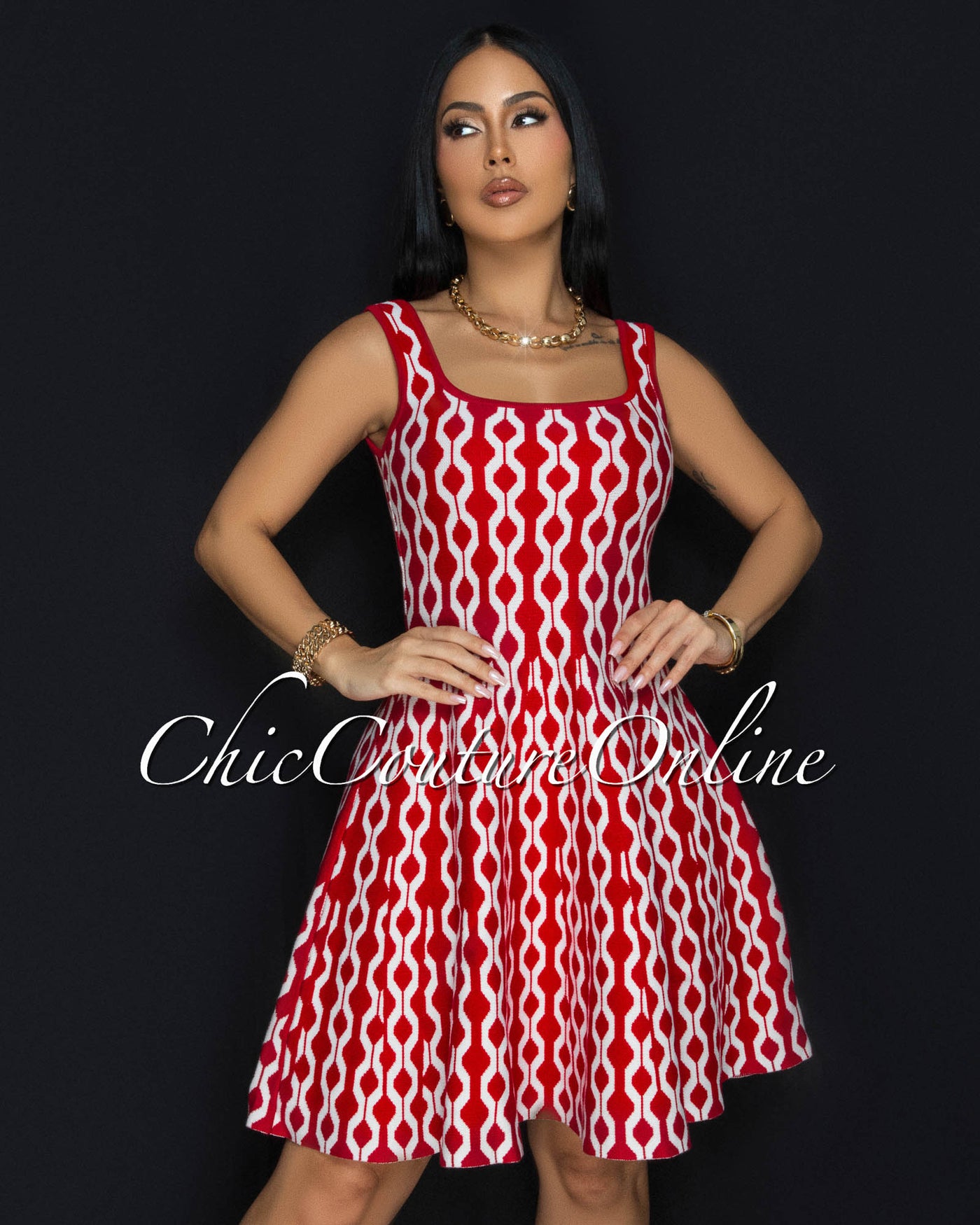 Cania Red White Print Knit Skater Dress