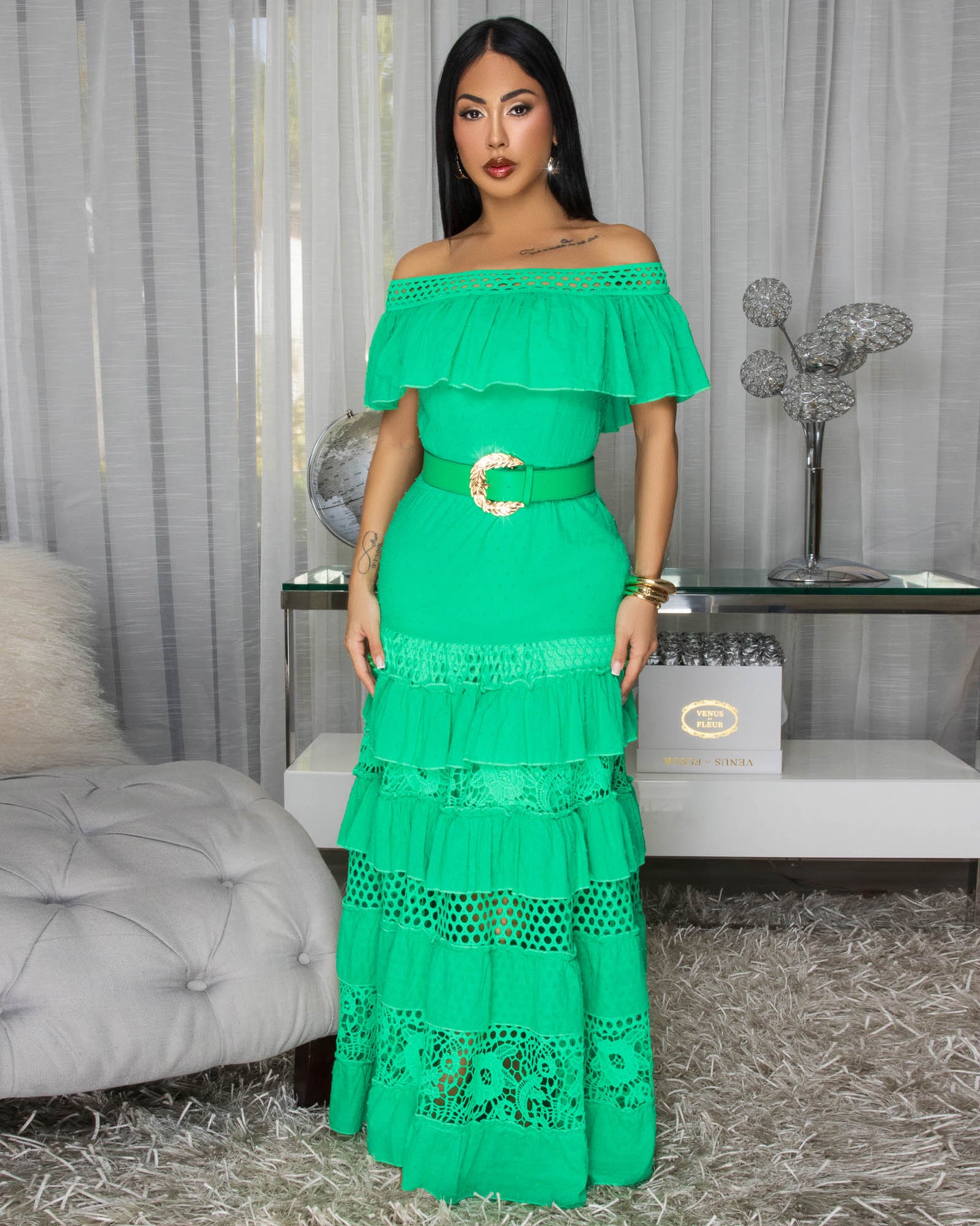 Nessie Green Crochet Belted Maxi Dress