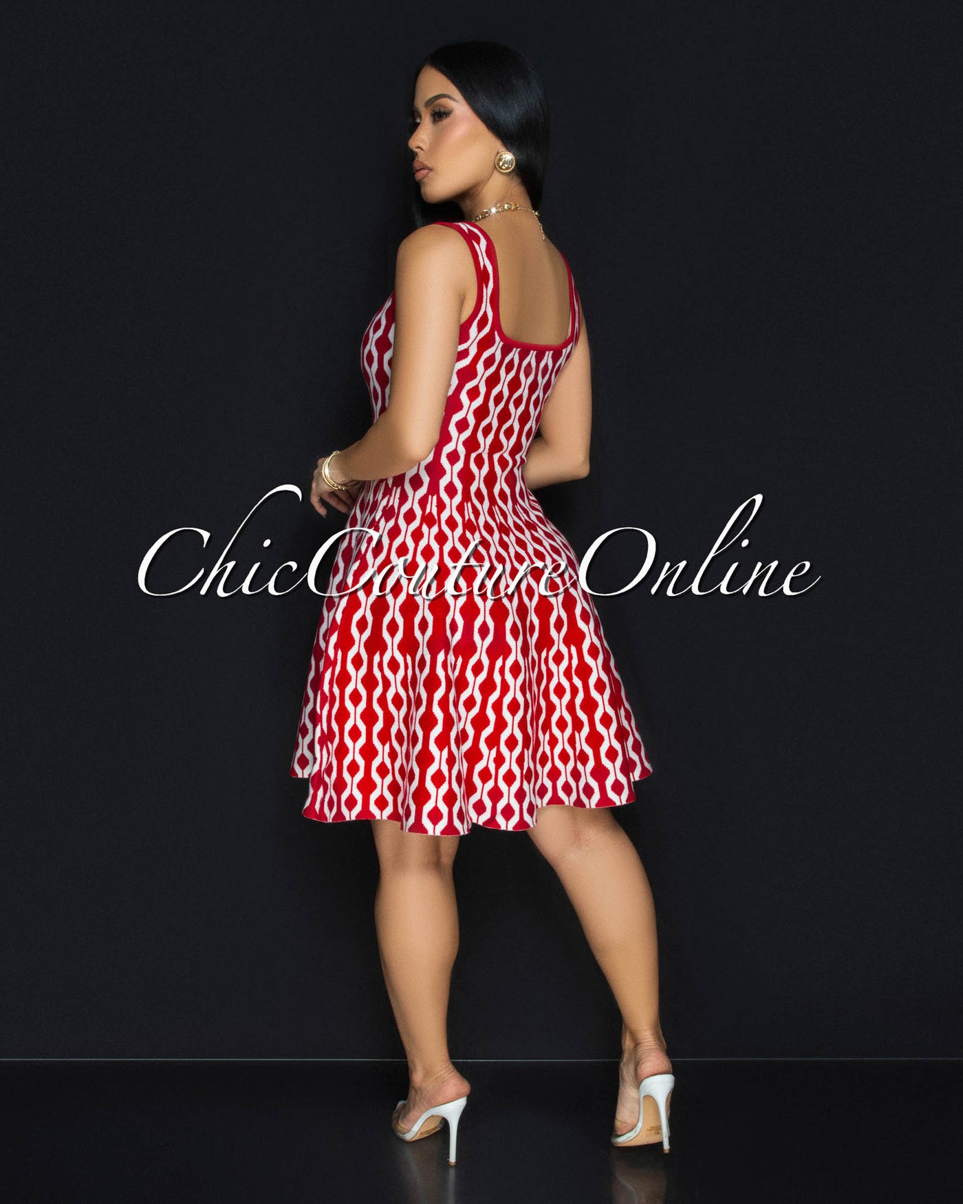 Cania Red White Print Knit Skater Dress