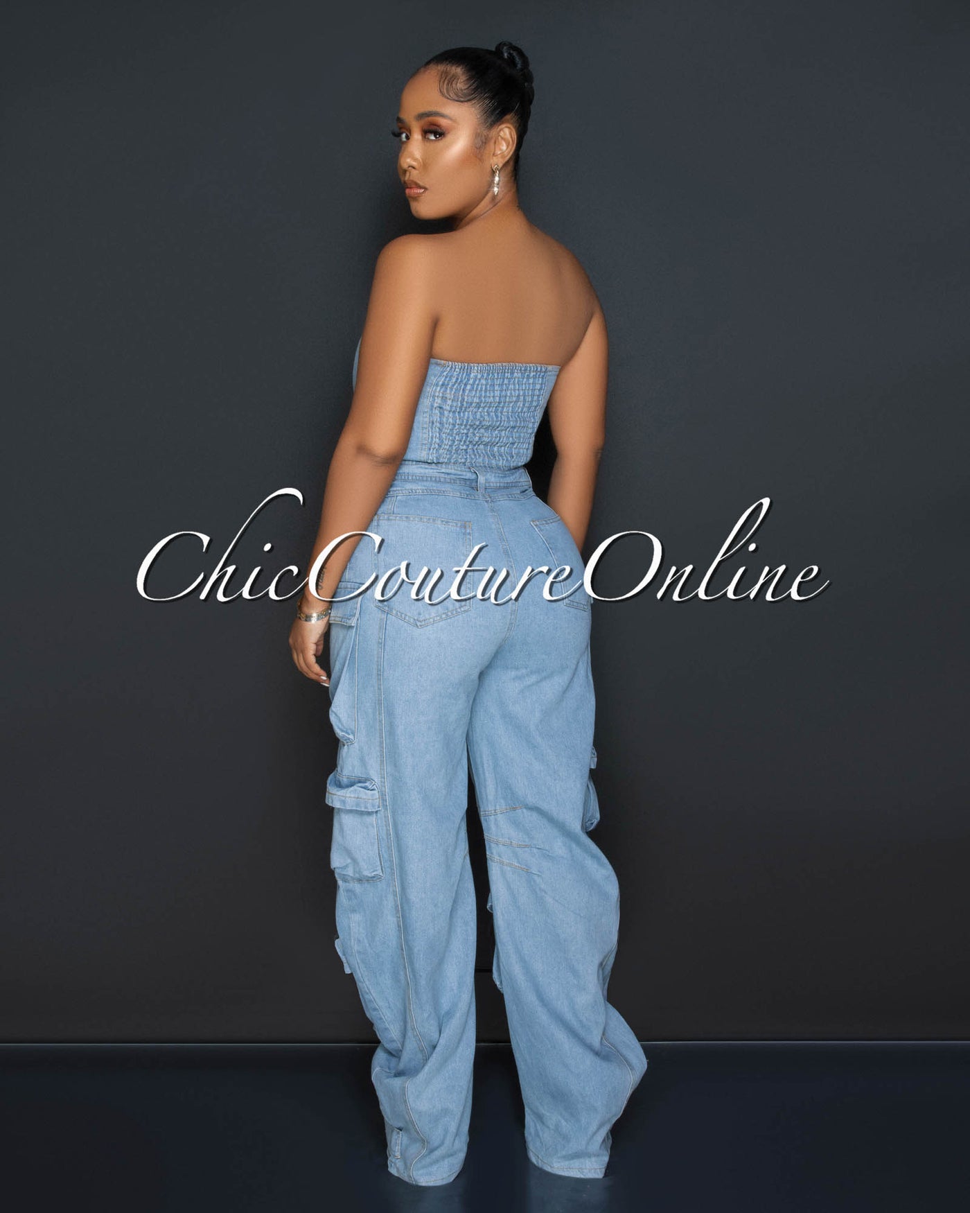 Antoine Light Denim Strapless Cargo Jumpsuit