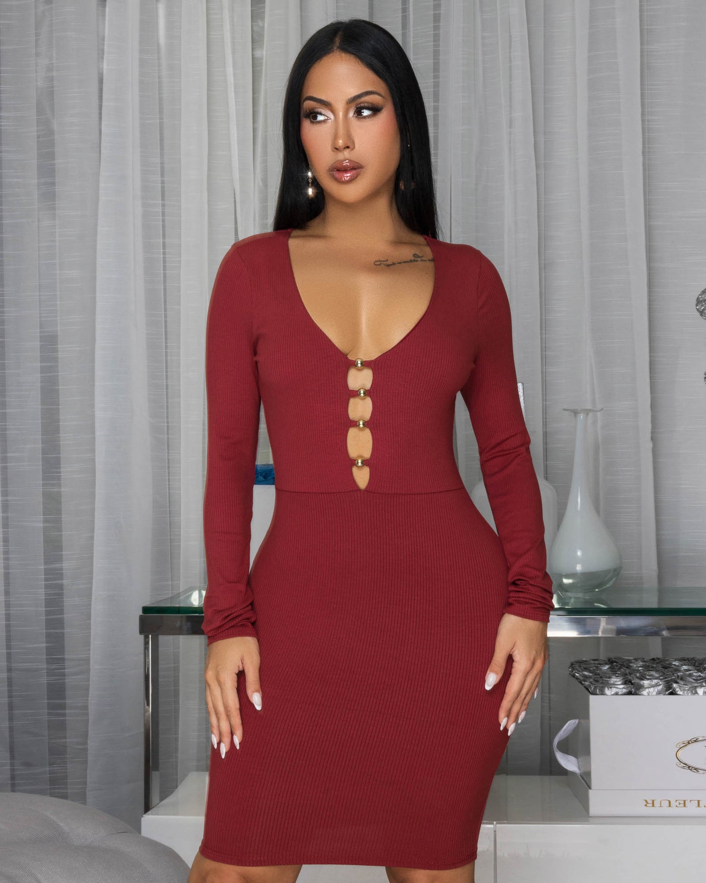 Nottola Cranberry Body-Con Long Sleeves Dress