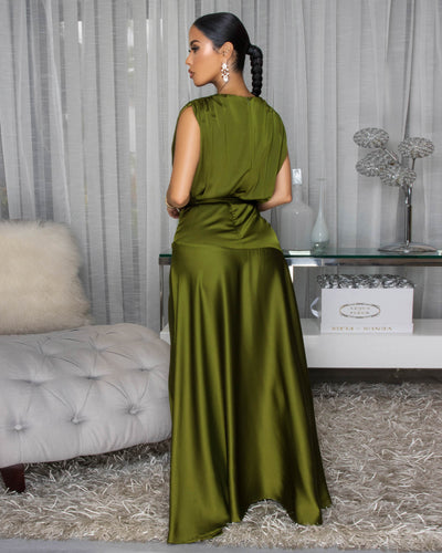 Savannah Deep Green Sleeveless Silky Maxi Dress