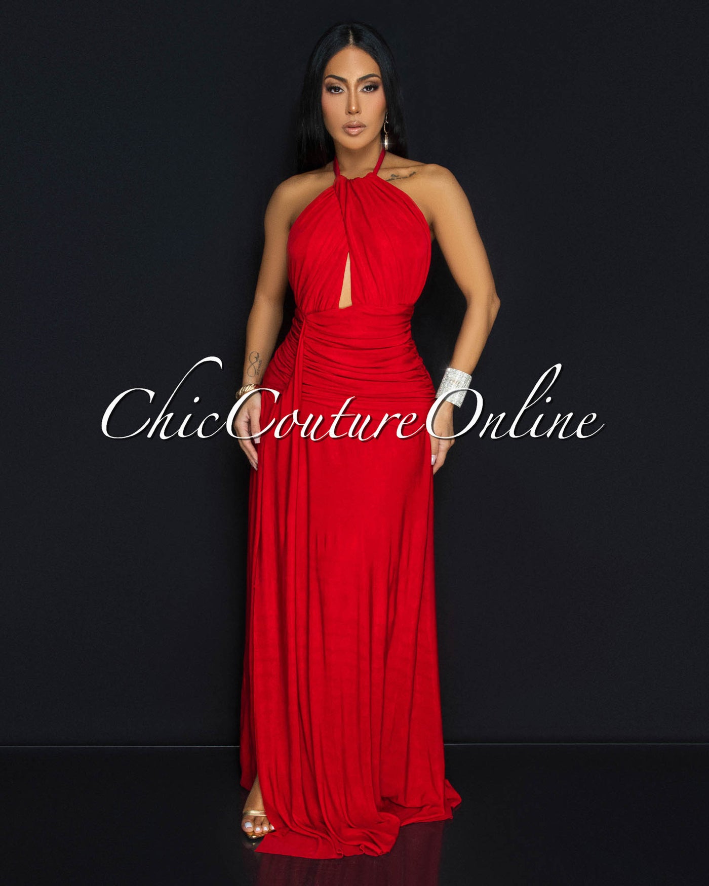 Marseille Red Jersey Front Slit Maxi Dress