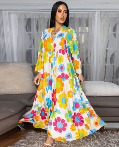 Tallas White Multi-Color Floral Print Maxi Dress