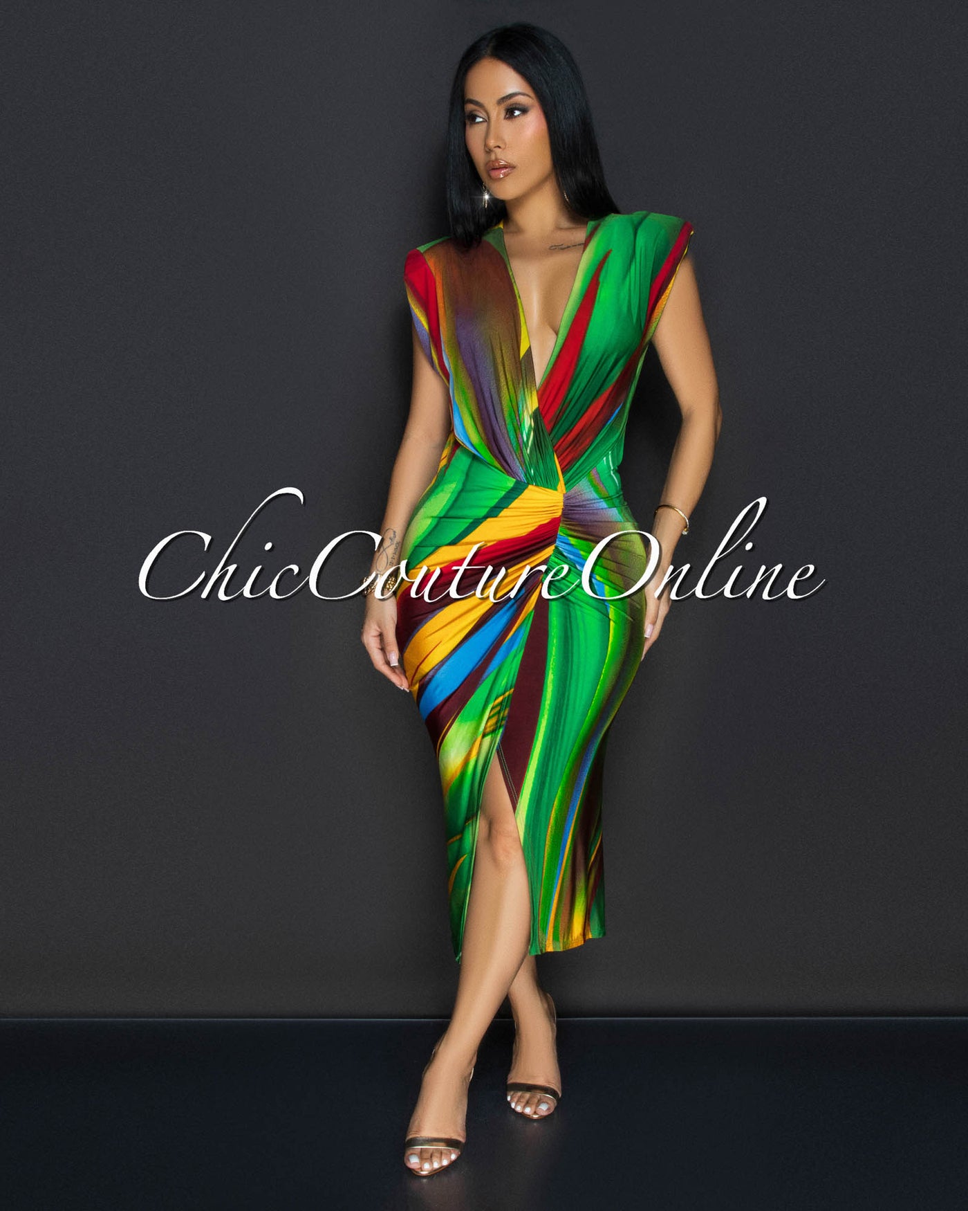 Alizey Multi-Color Deep V Front Midi Dress