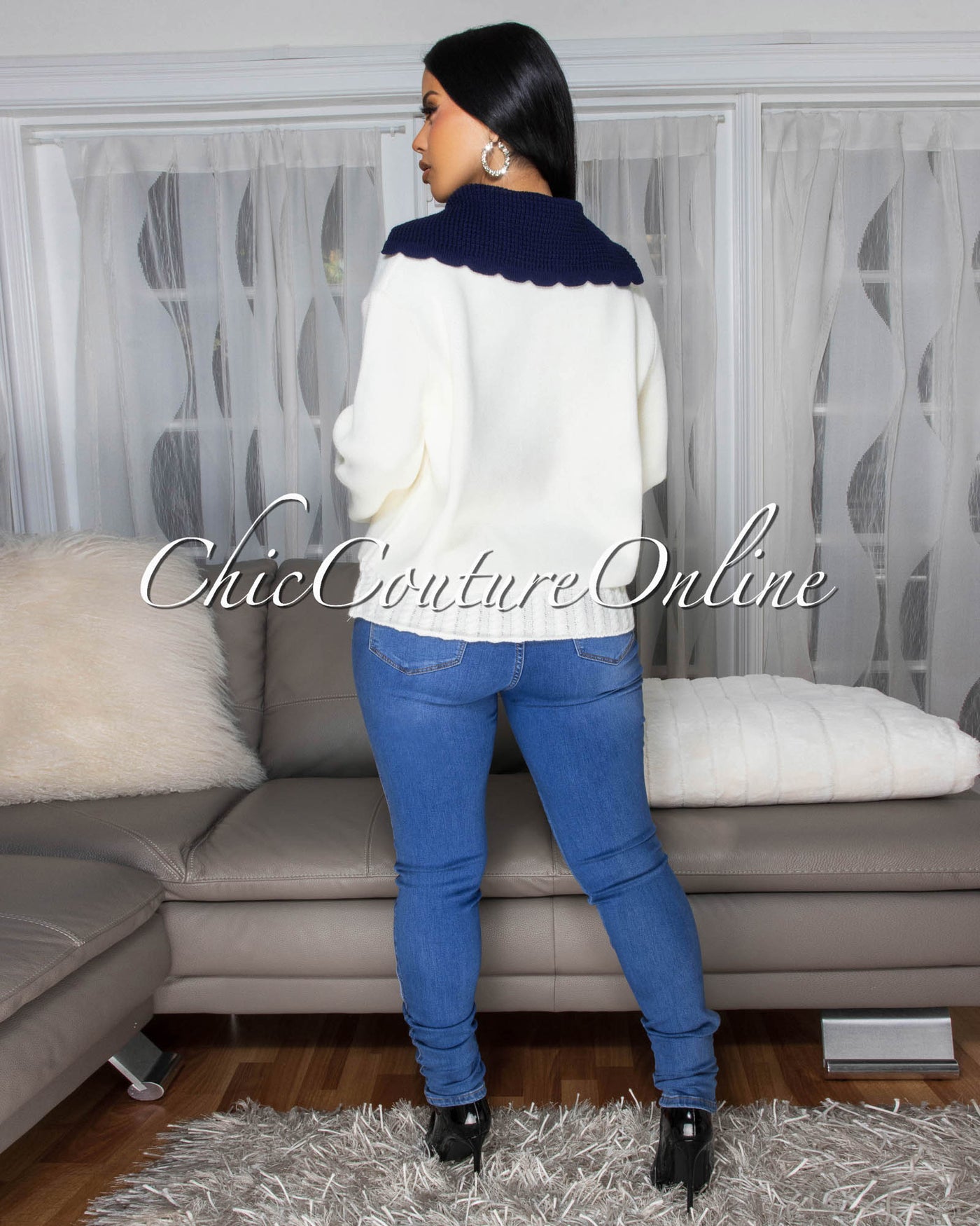 Hallie Cream Blue Trim Sweater Cardigan