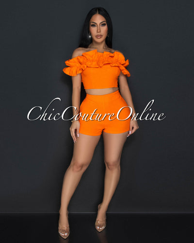 Drea Orange Ruffle Strapless Crop Top & Shorts Set