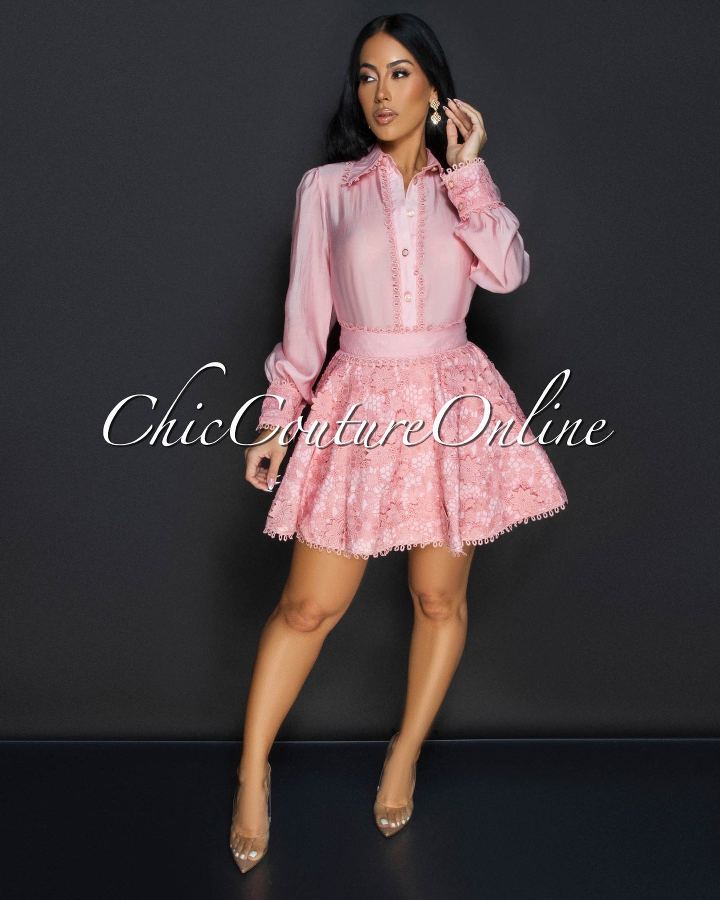 Bachir Pink Buttoned Blouse & Flared Crochet Skirt Set