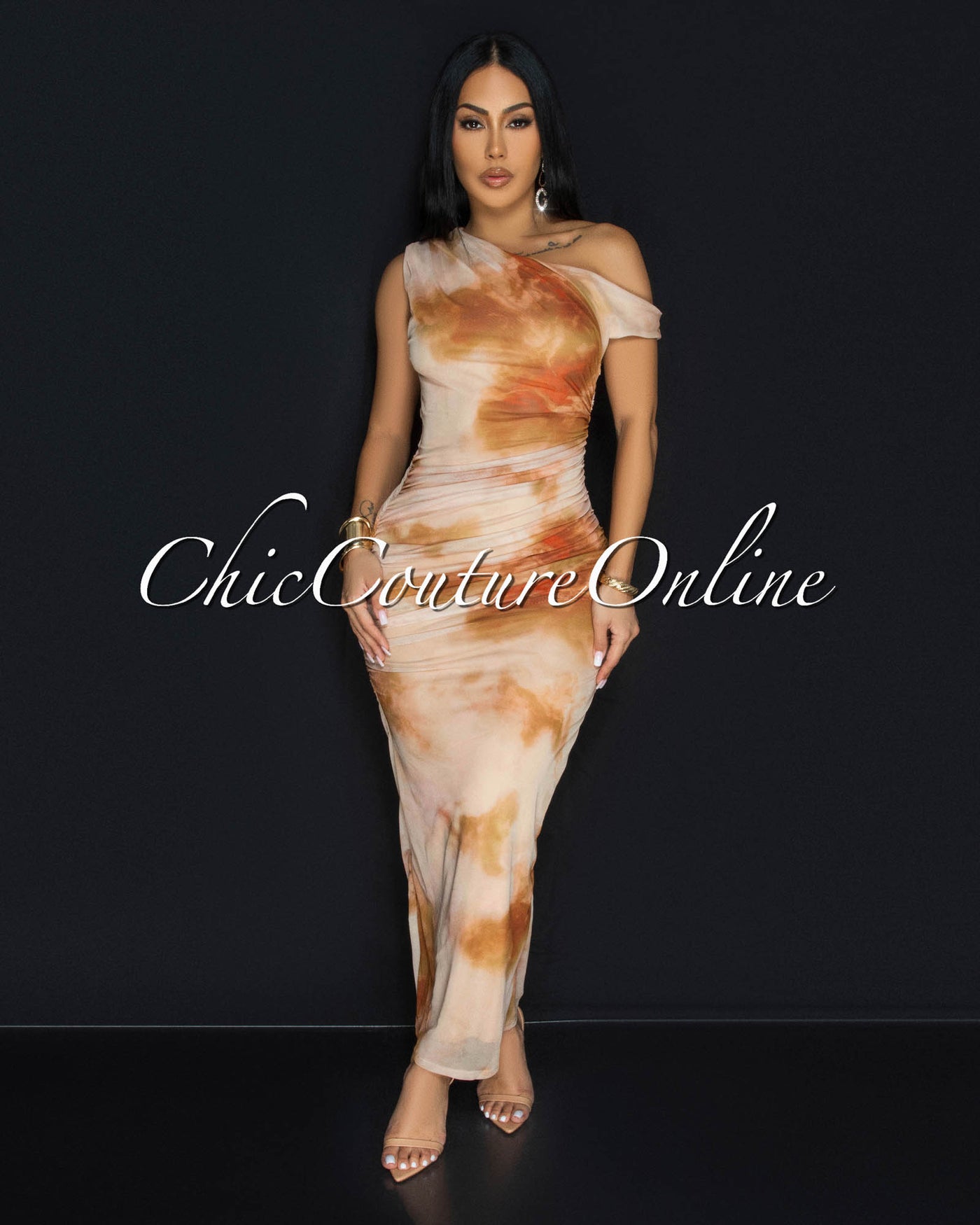 Lucelle Nude Multi-Color Mesh Maxi Dress