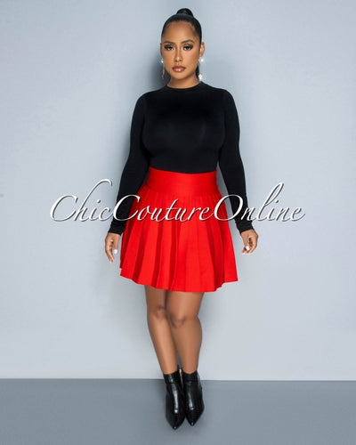 Amaria Red Knit Pleated Mini Skirt
