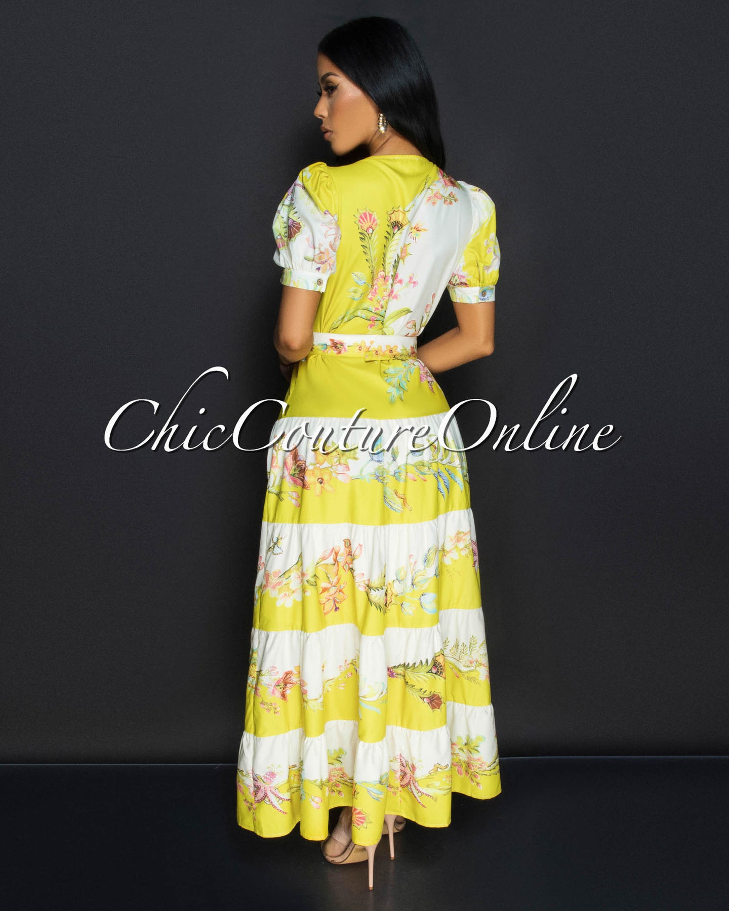 Pipola Lime Multi Floral Belted Ruffle Midi Dress
