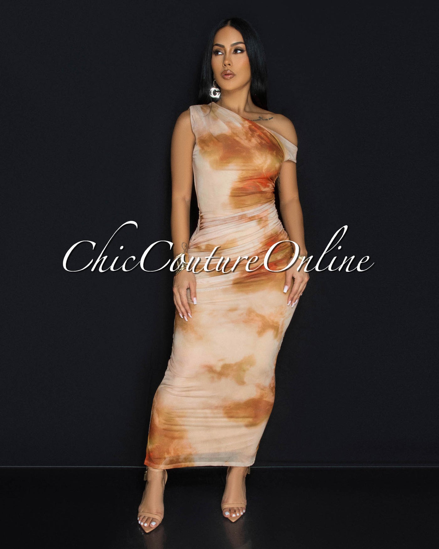 Lucelle Nude Multi-Color Mesh Maxi Dress