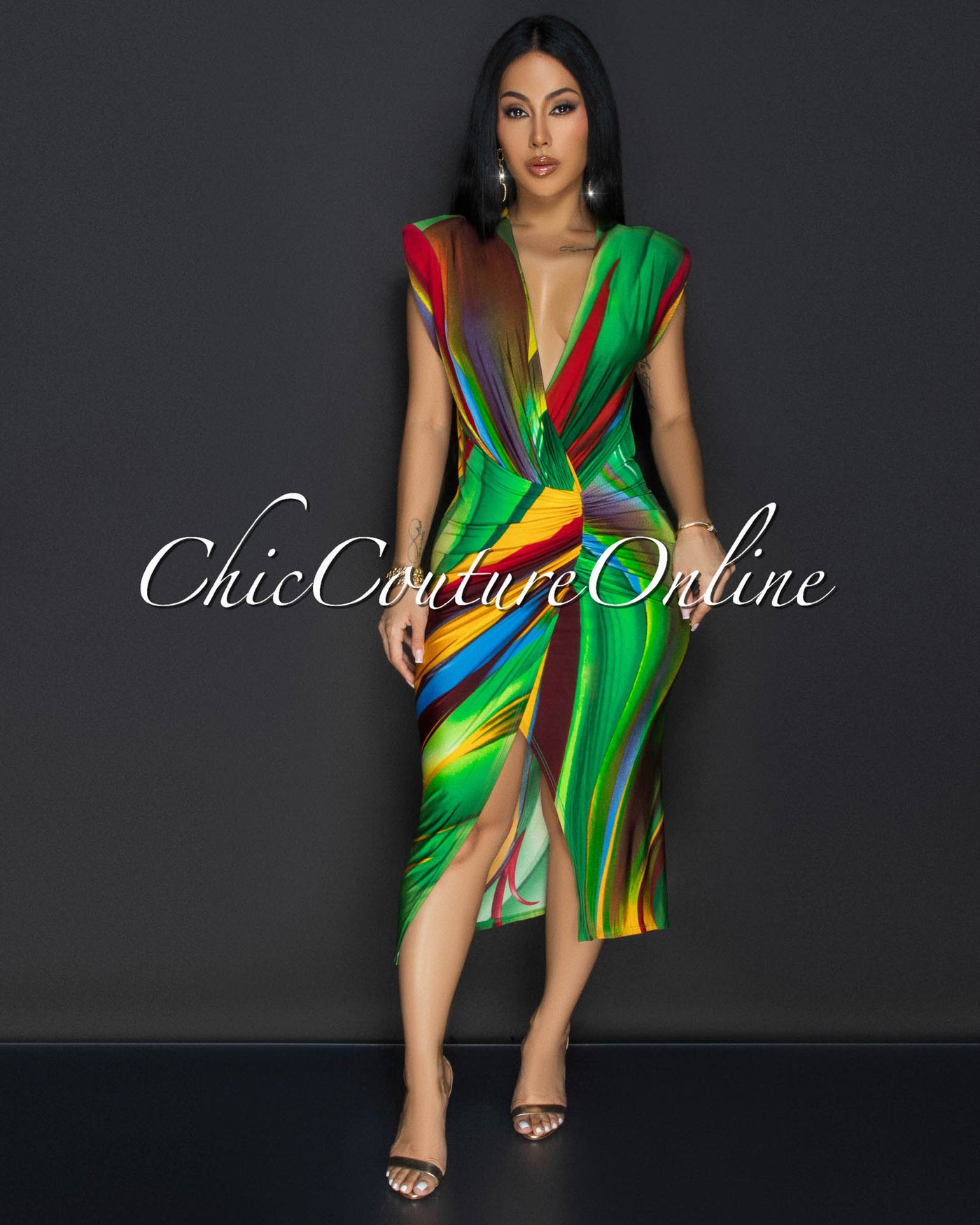 Alizey Multi-Color Deep V Front Midi Dress