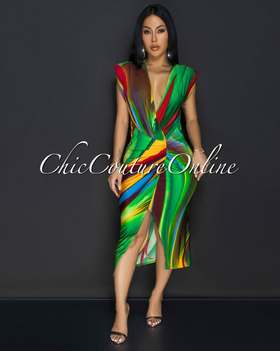 Alizey Multi-Color Deep V Front Midi Dress