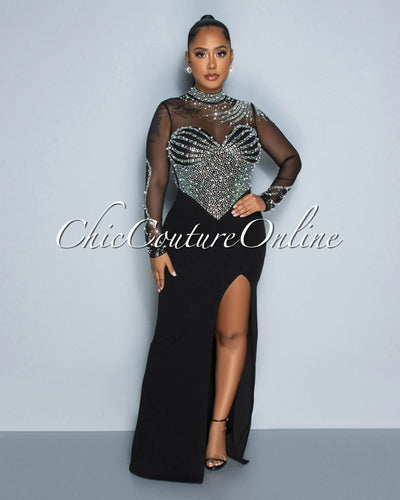 Akona Black Mesh Bust Rhinestones Maxi Dress