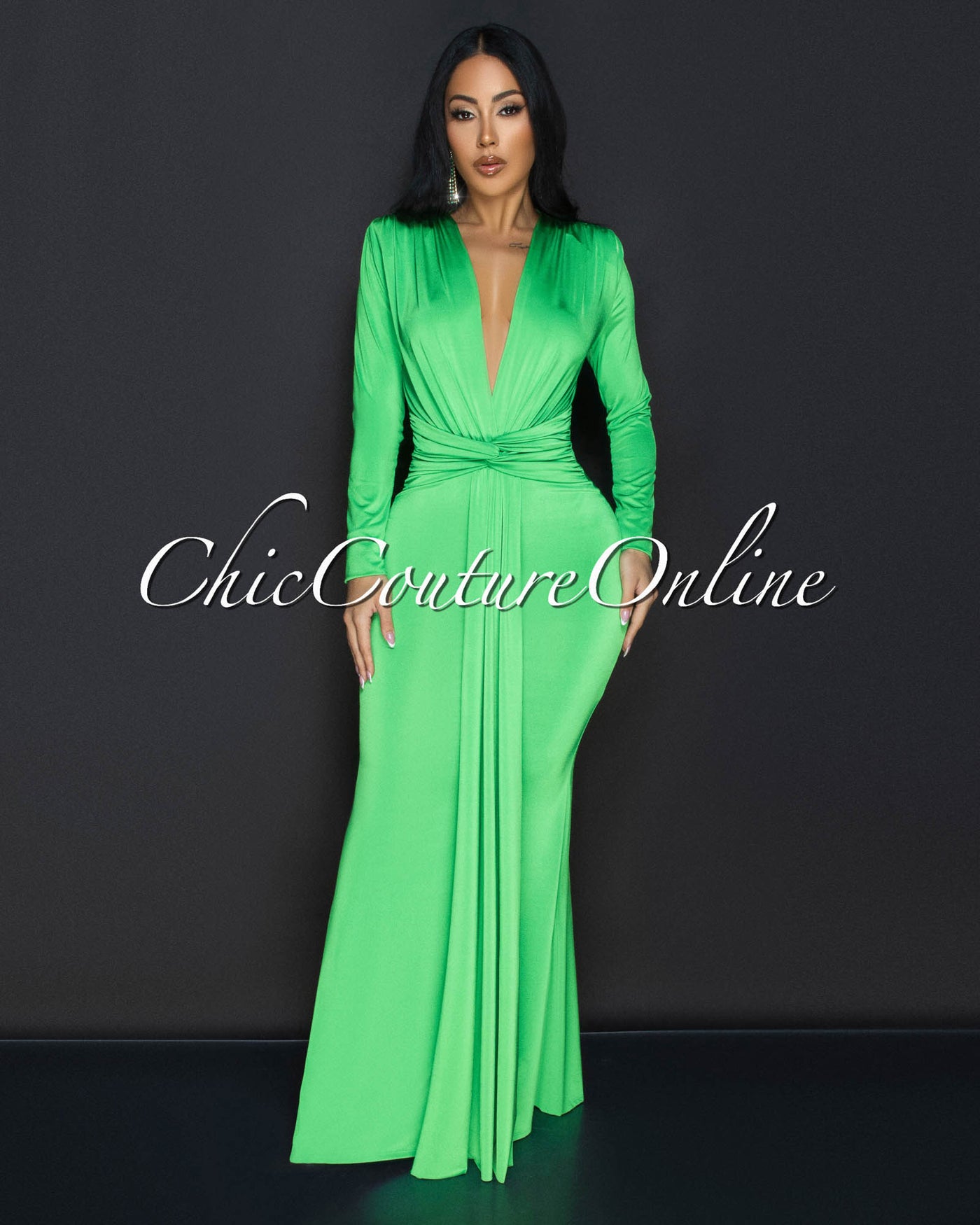 Cordelia Apple Green Long Sleeves Deep V-Neck Maxi Dress