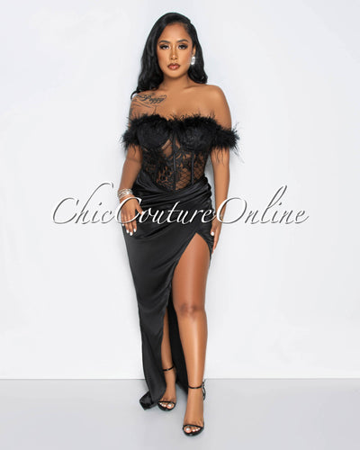 Ludvie Black Lace Corset Feathers Silky Maxi Dress
