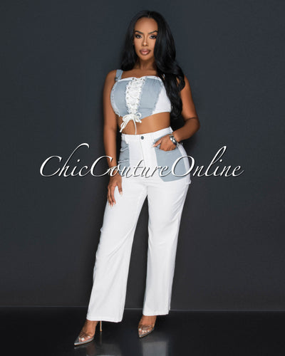 Texas Grey White Lace-Up Top & Wide Jeans Set