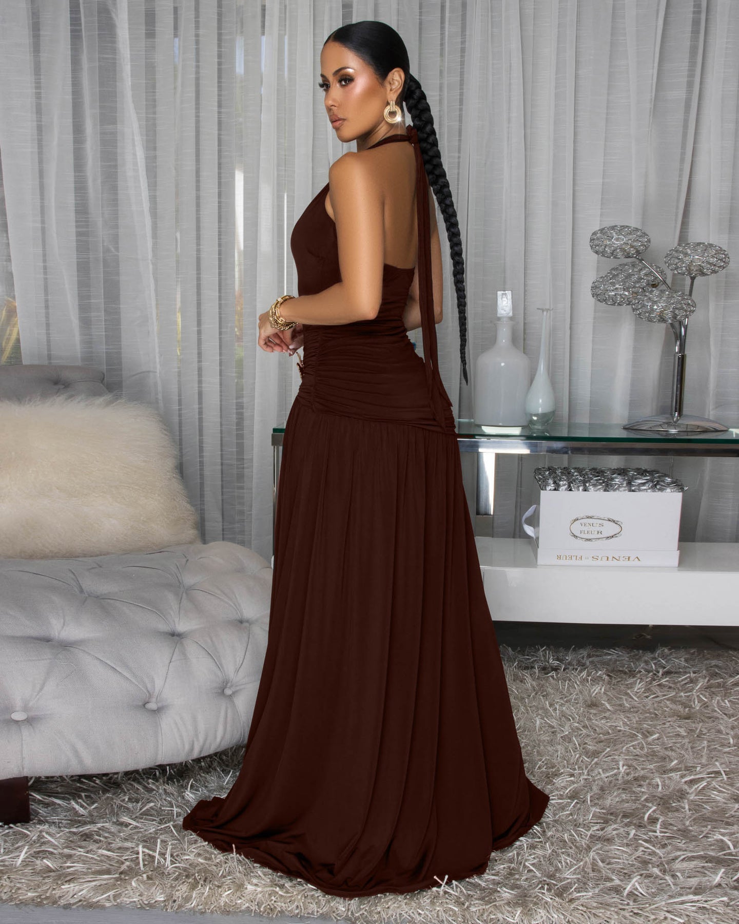Larielle Dark Brown Ruched High Slit Maxi Dress