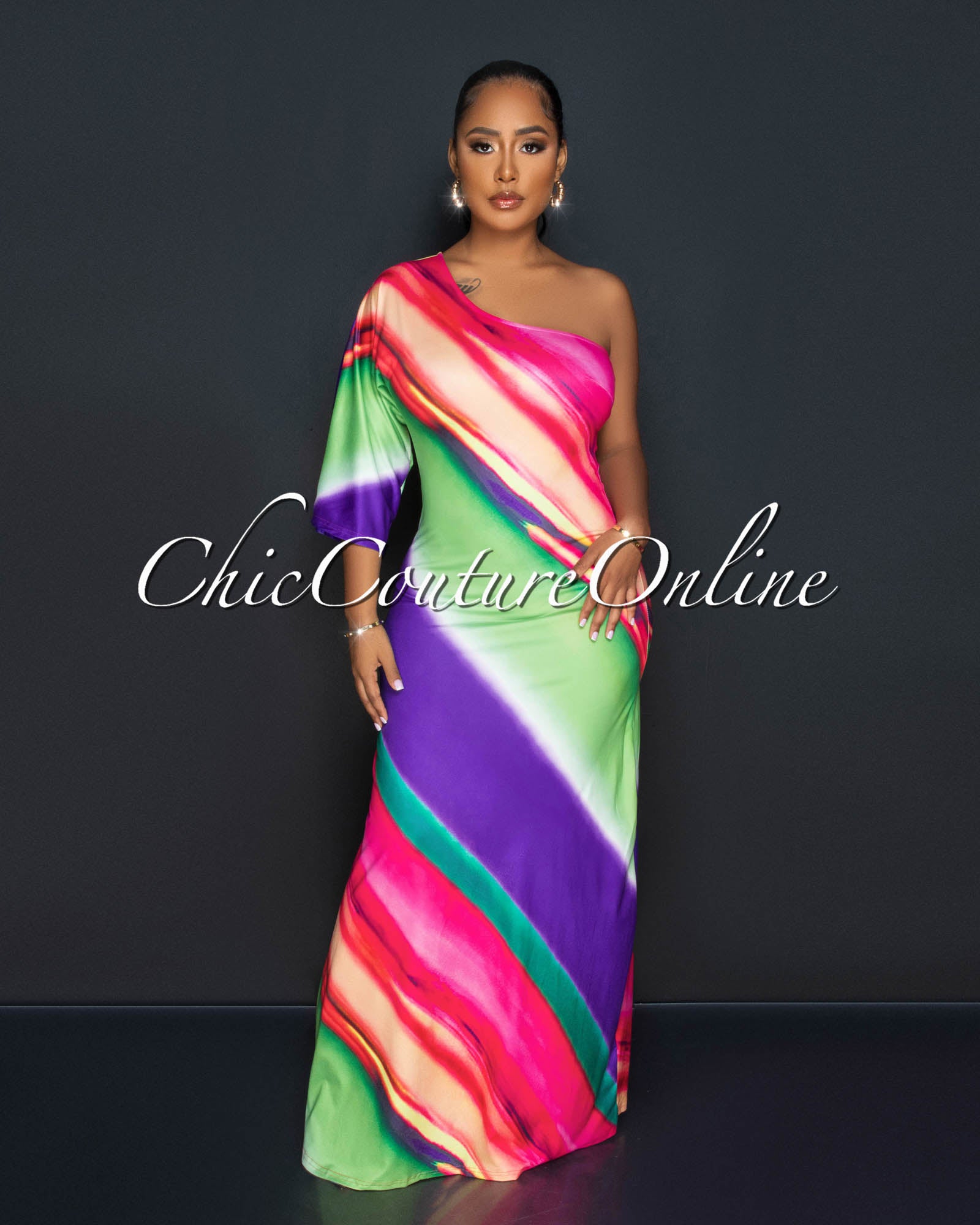 *Disa Multi-Color Print Single Shoulder Maxi Dress