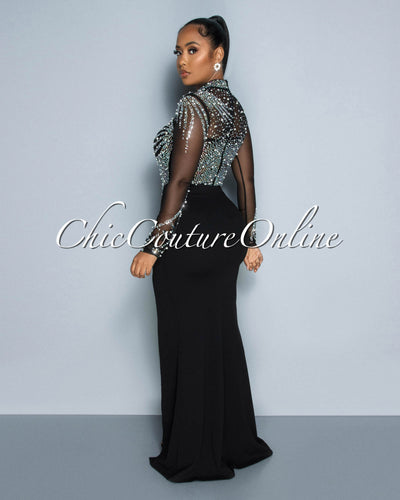 Akona Black Mesh Bust Rhinestones Maxi Dress