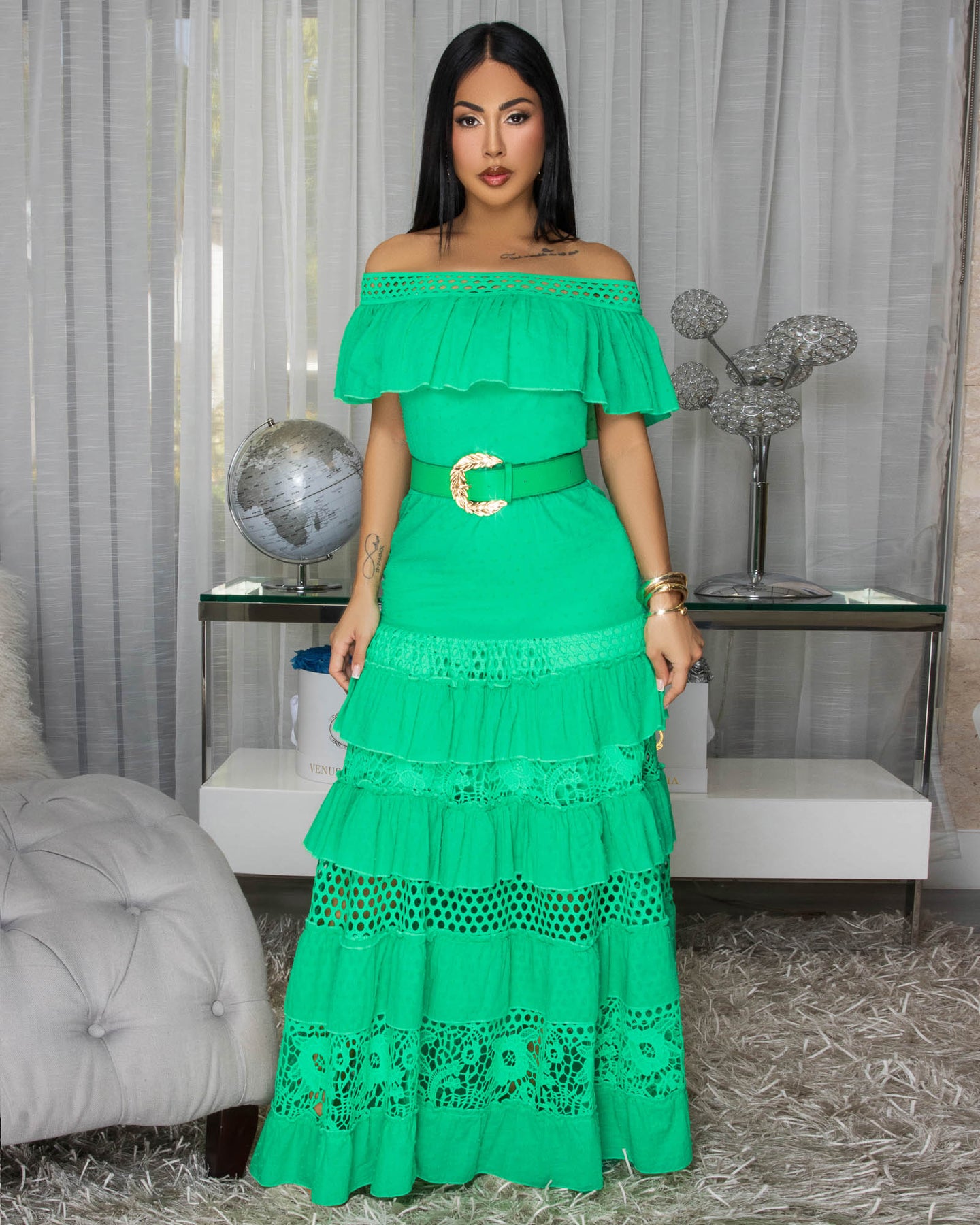 Nessie Green Crochet Belted Maxi Dress