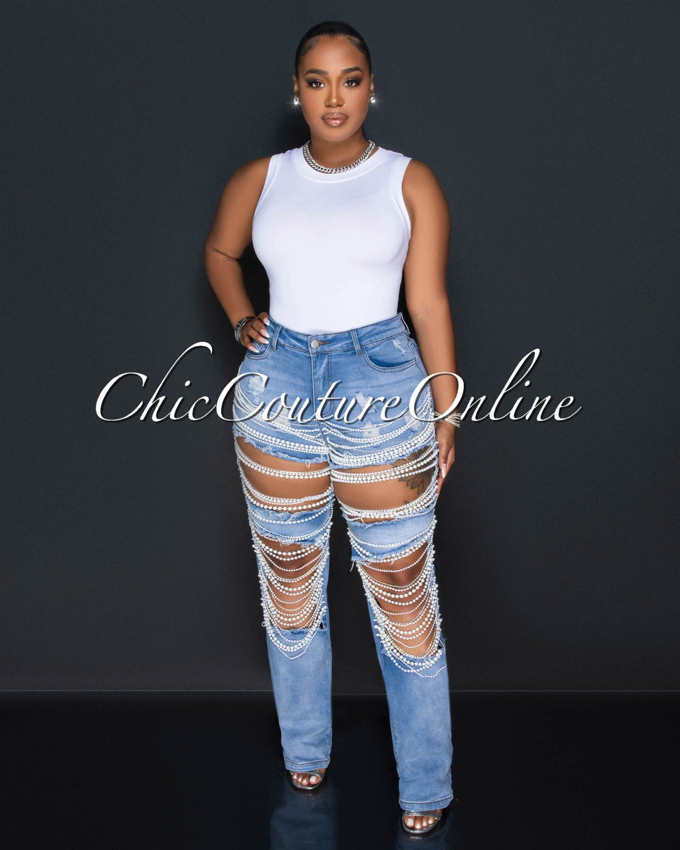 Fantana Light Denim Pearl & Rhinestones Destroyed Jeans