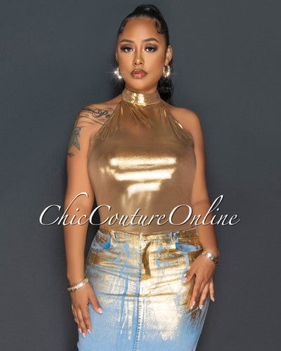 Dice Gold Halter Top & Light Denim Gold Foil Skirt Set