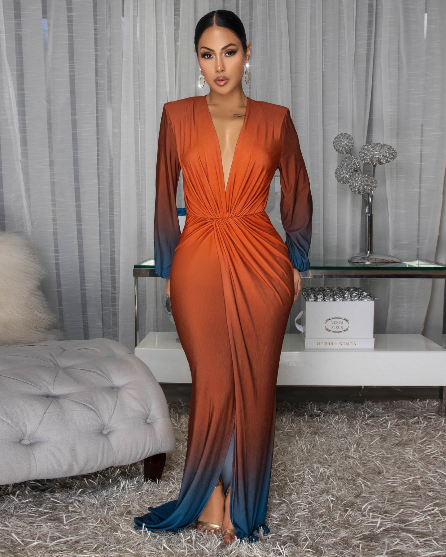 Madeline Auburn Blue Ombre Deep V-Neck Maxi Dress