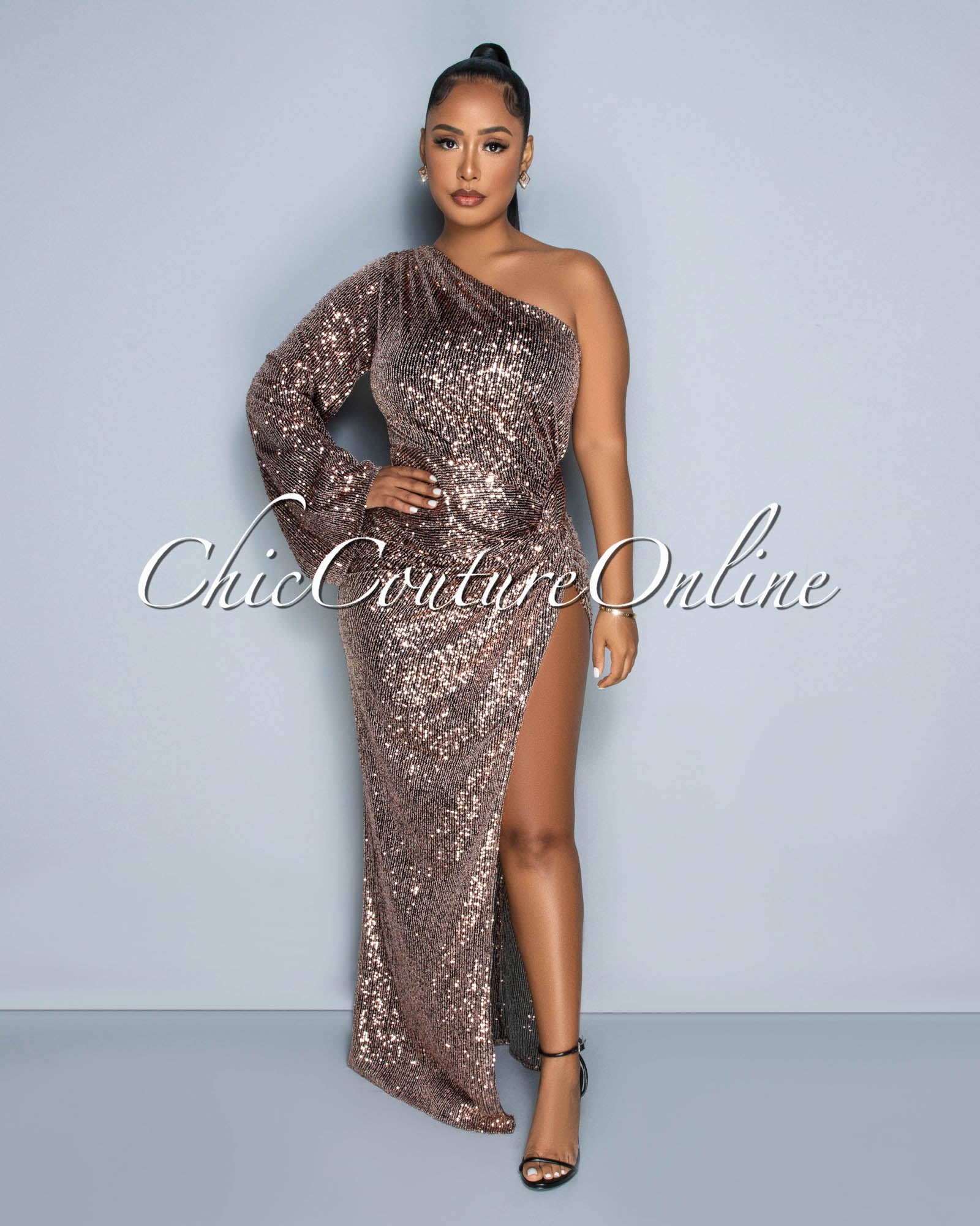 *Ariza Black Rose Gold Sequins Single Shoulder Maxi Dress