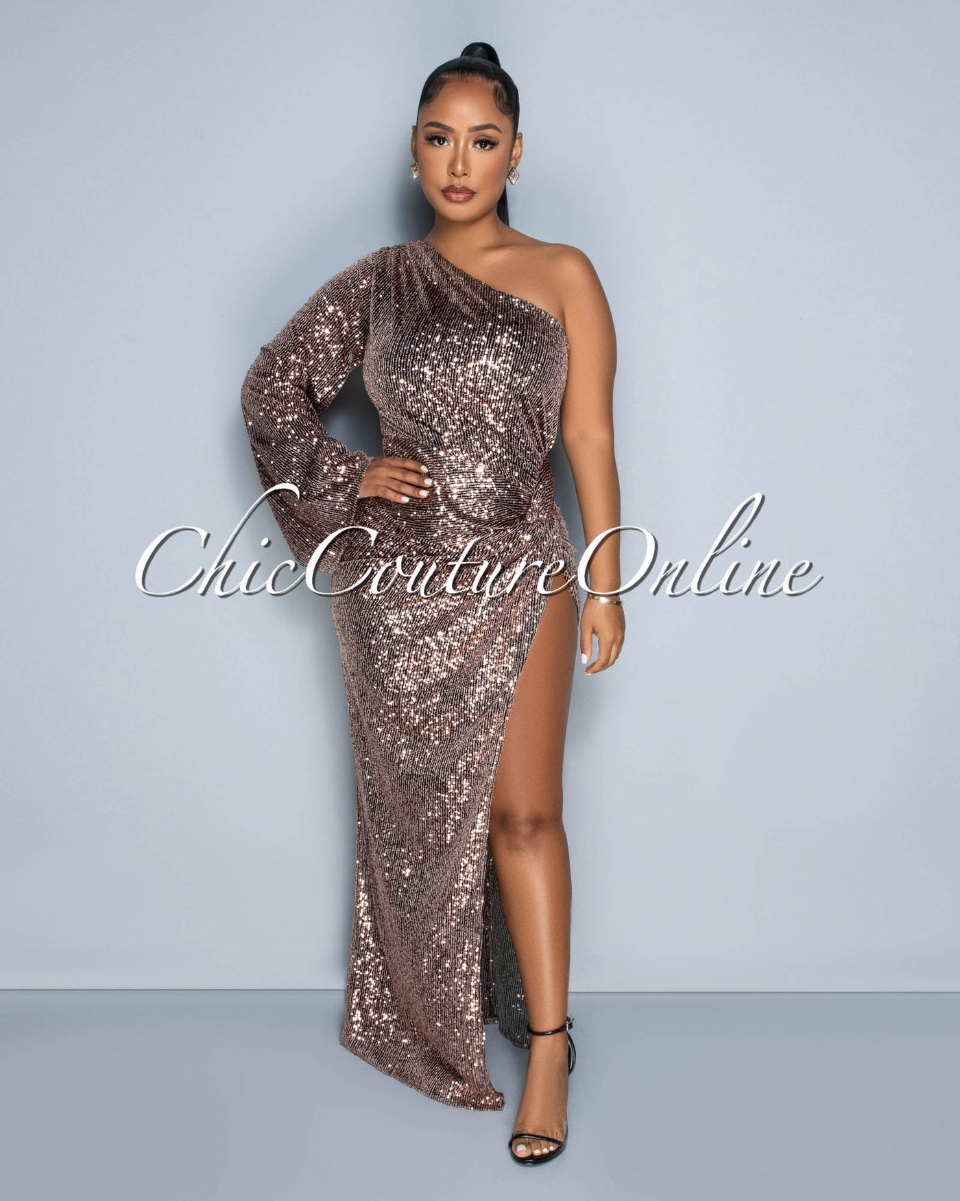 Ariza Black Rose Gold Sequins Single Shoulder Maxi Dress Chic Couture Online Ariza Black Rose Gold Sequins Single Shoulder Maxi Dress Chic Couture Online