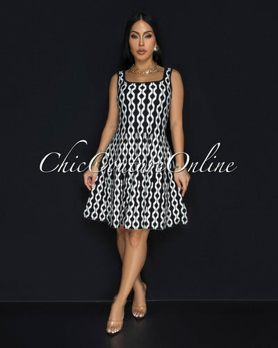 Cania Black White Print Knit Skater Dress