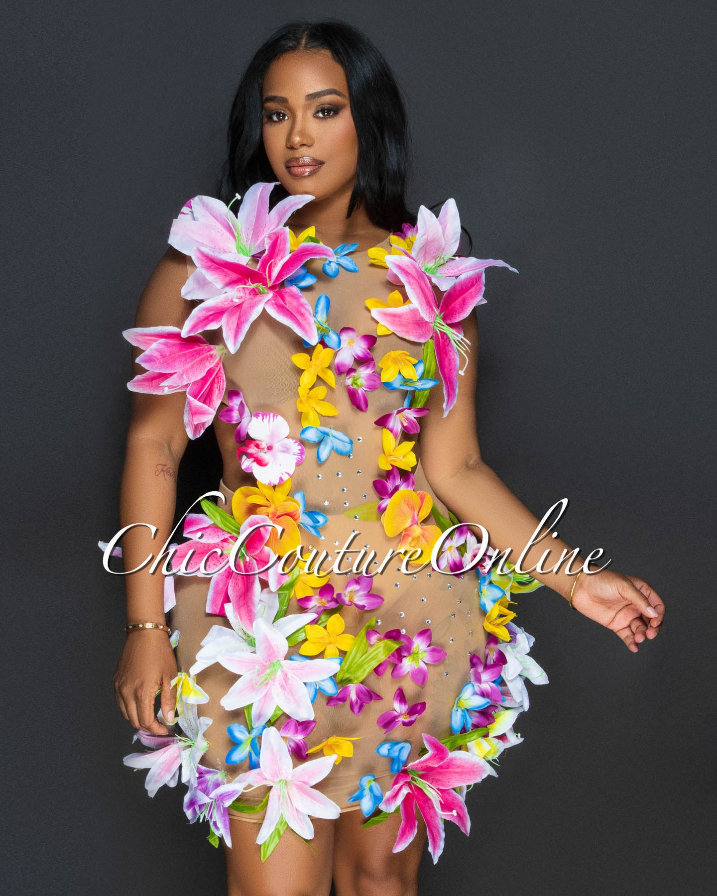 Lolaya Nude Floral Mesh Rhinestones Mini Dress