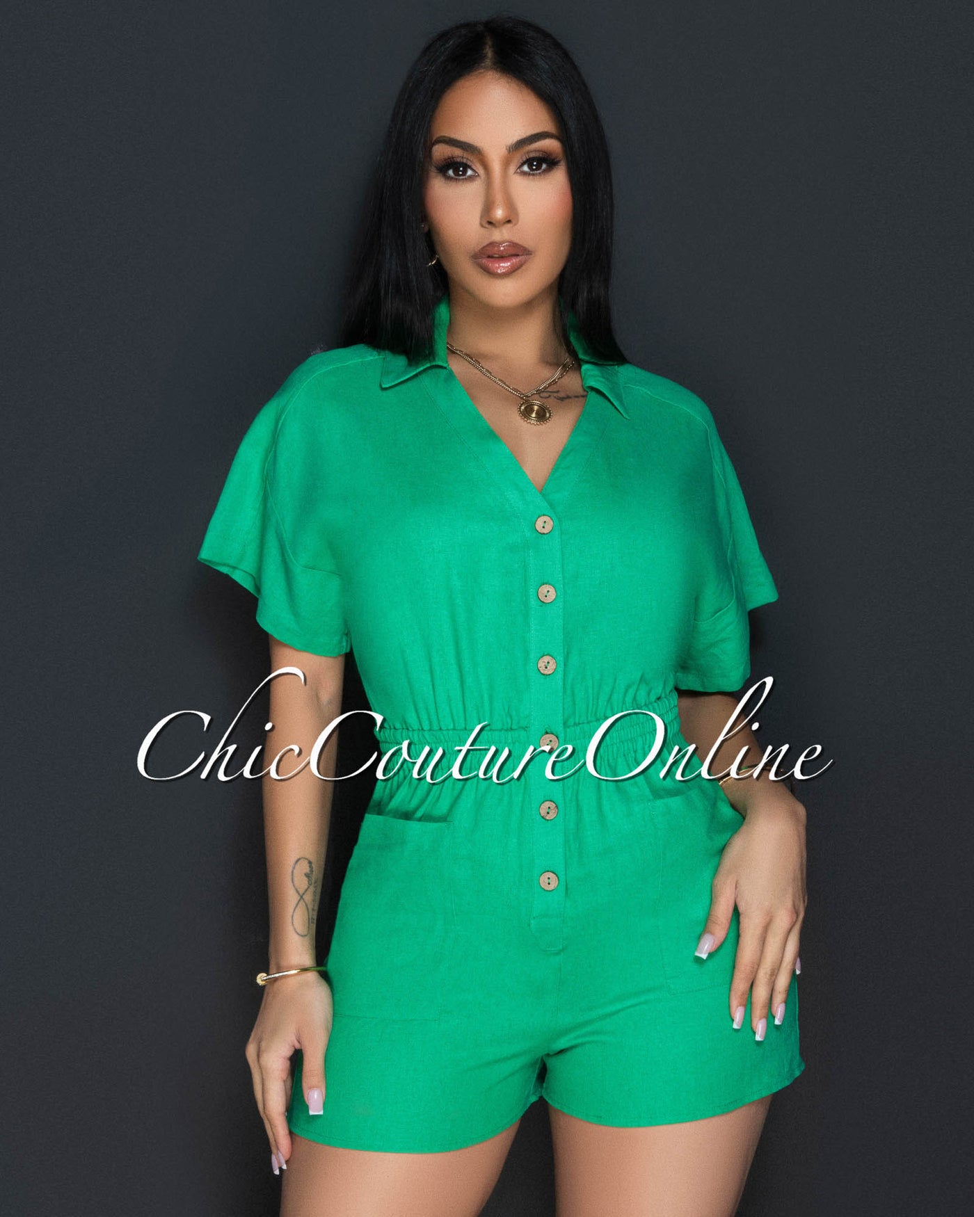 Cora Kelly Green Front Buttons Linen Utility Romper