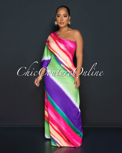 Disa Multi-Color Print Single Shoulder Maxi Dress