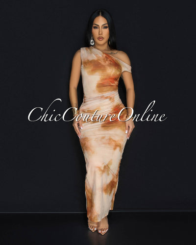 Lucelle Nude Multi-Color Mesh Maxi Dress