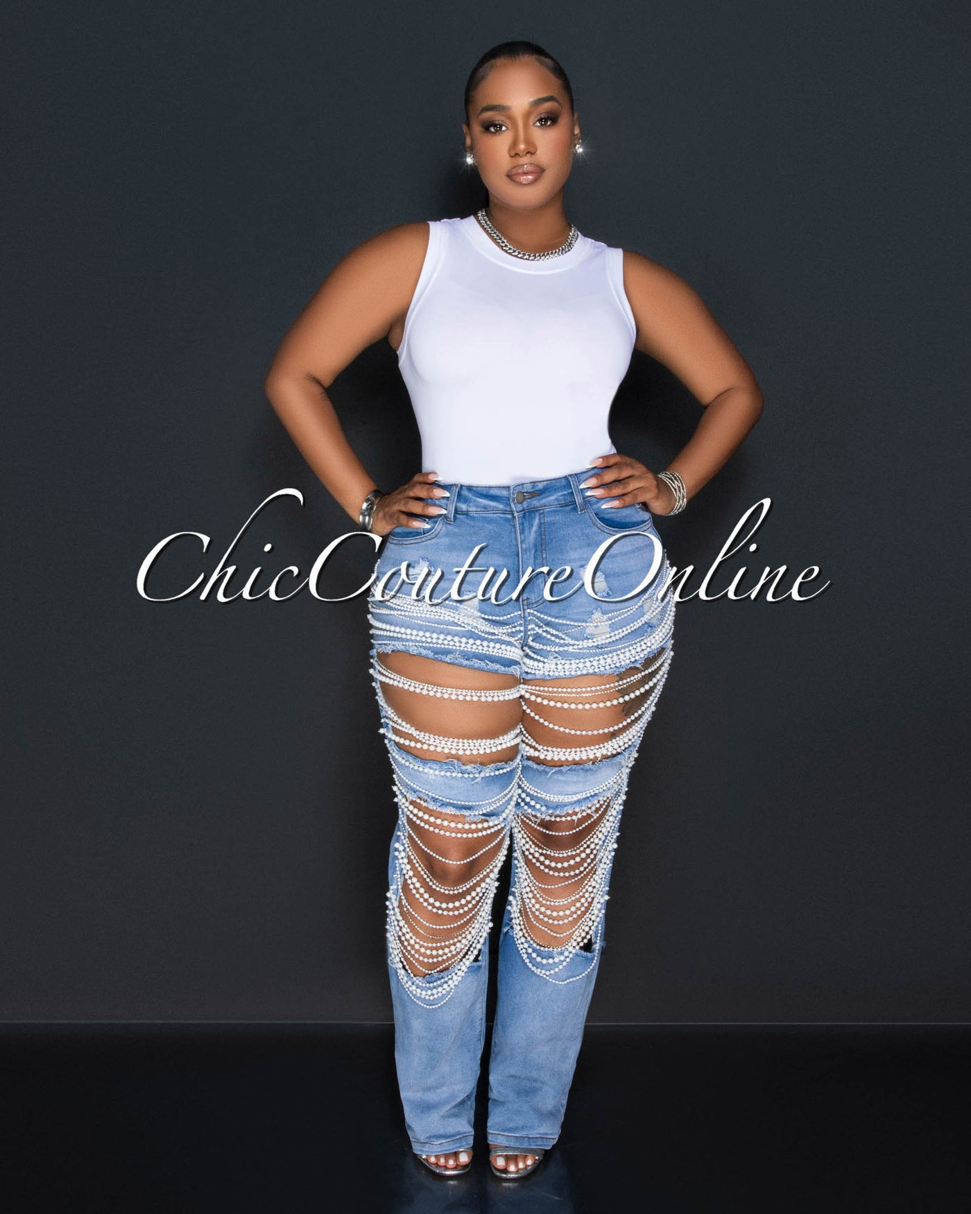 Fantana Light Denim Pearl & Rhinestones Destroyed Jeans