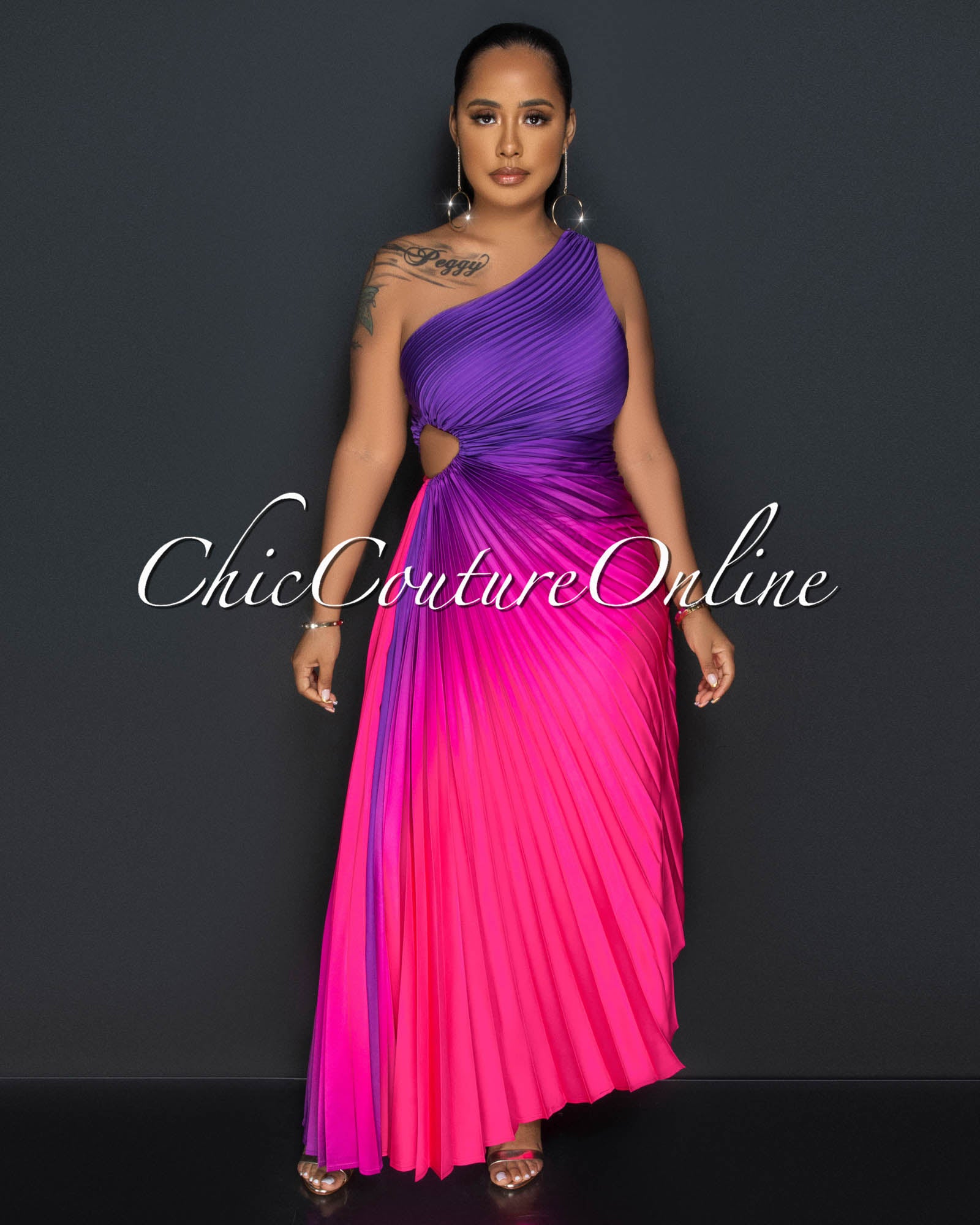 Miller Purple Fuchsia Pleated Single Shoulder Maxi Dress