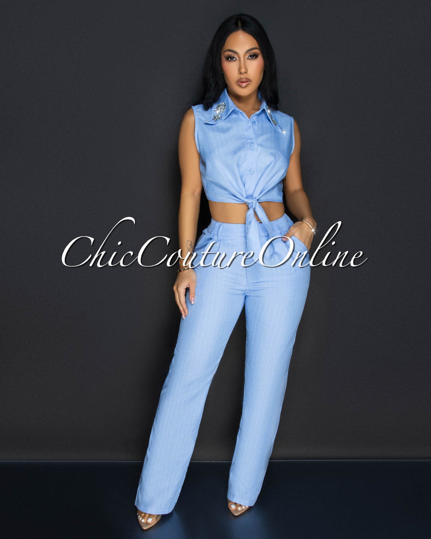 Azura Blue White Stripes Crop Top & Pants Set