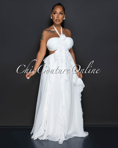 Caprina Off-White Rose Accent Ruffle Maxi Dress