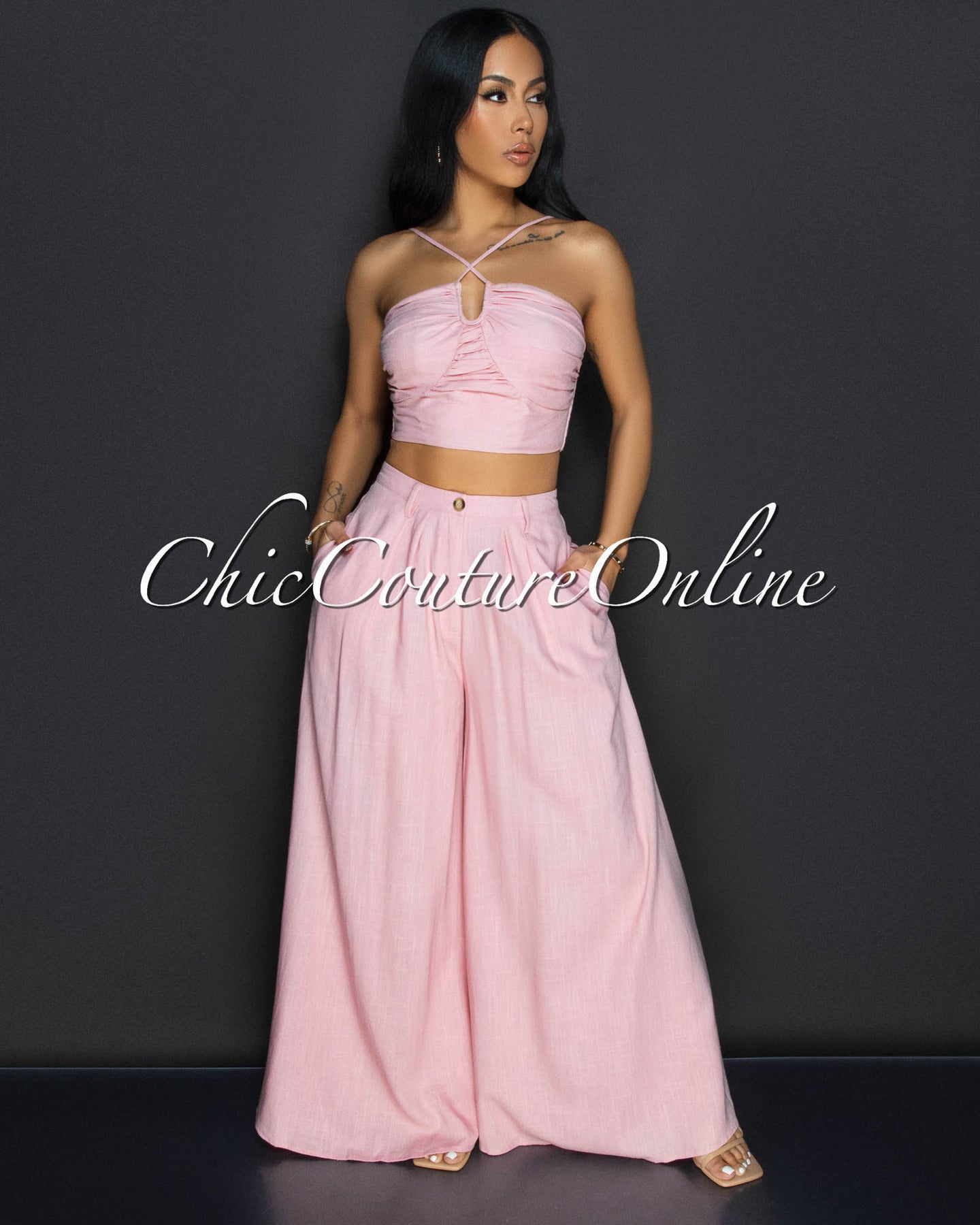 Soukie Blush Crop Top & Palazzo Two Piece Linen Set