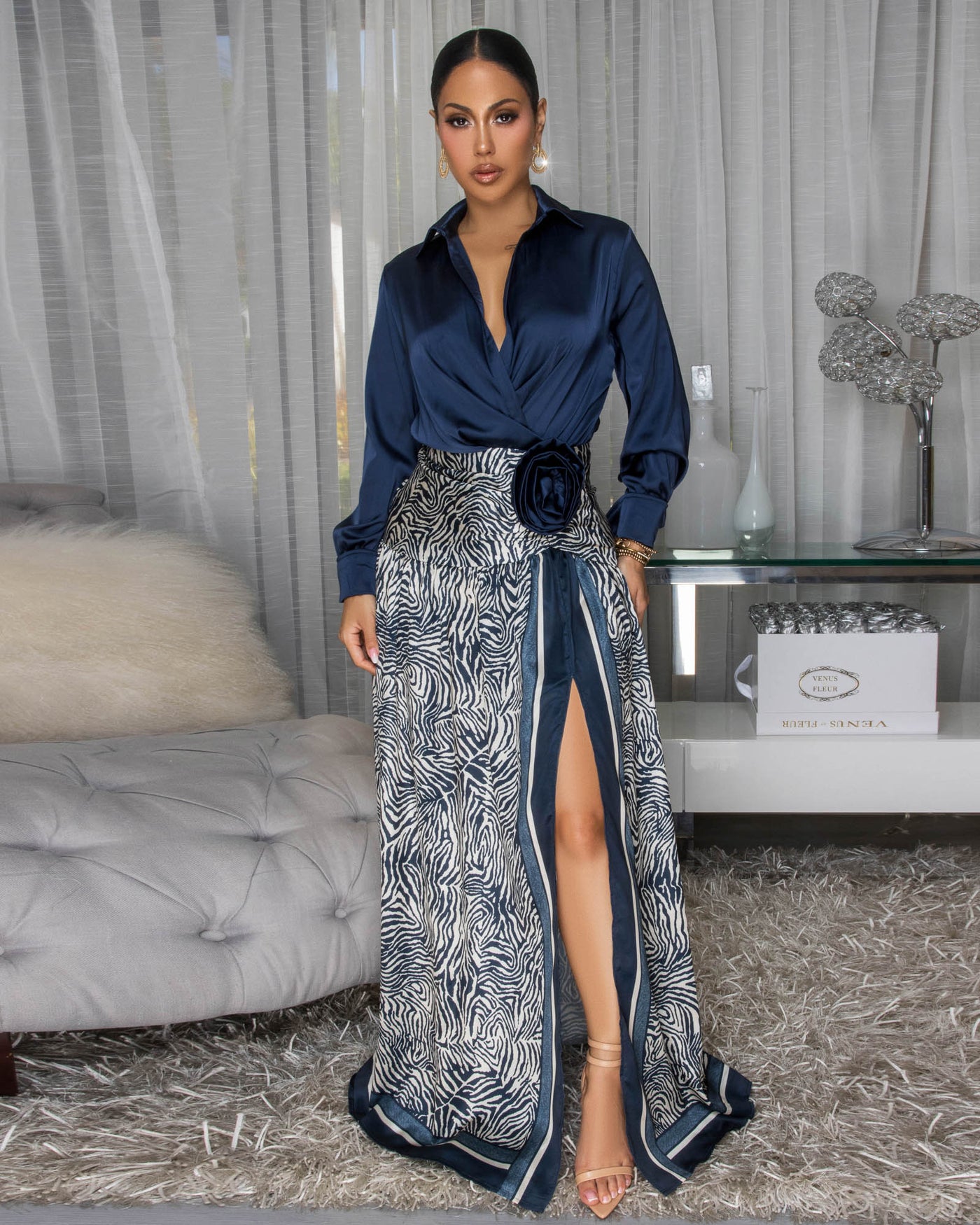 Elsie Navy-Blue Beige Zebra Print Faux-Wrap Maxi Dress