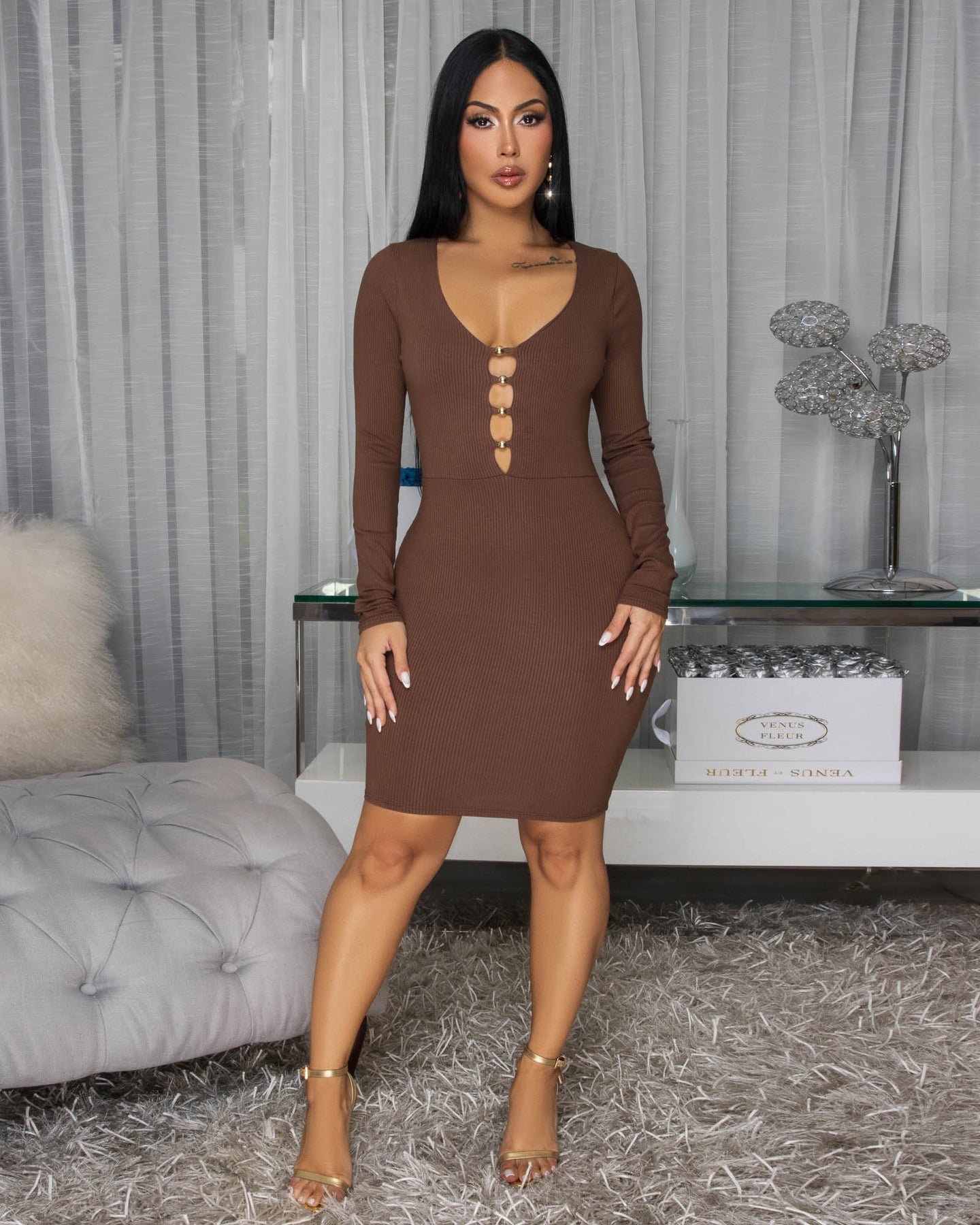 Nottola Brown Body-Con Long Sleeves Dress