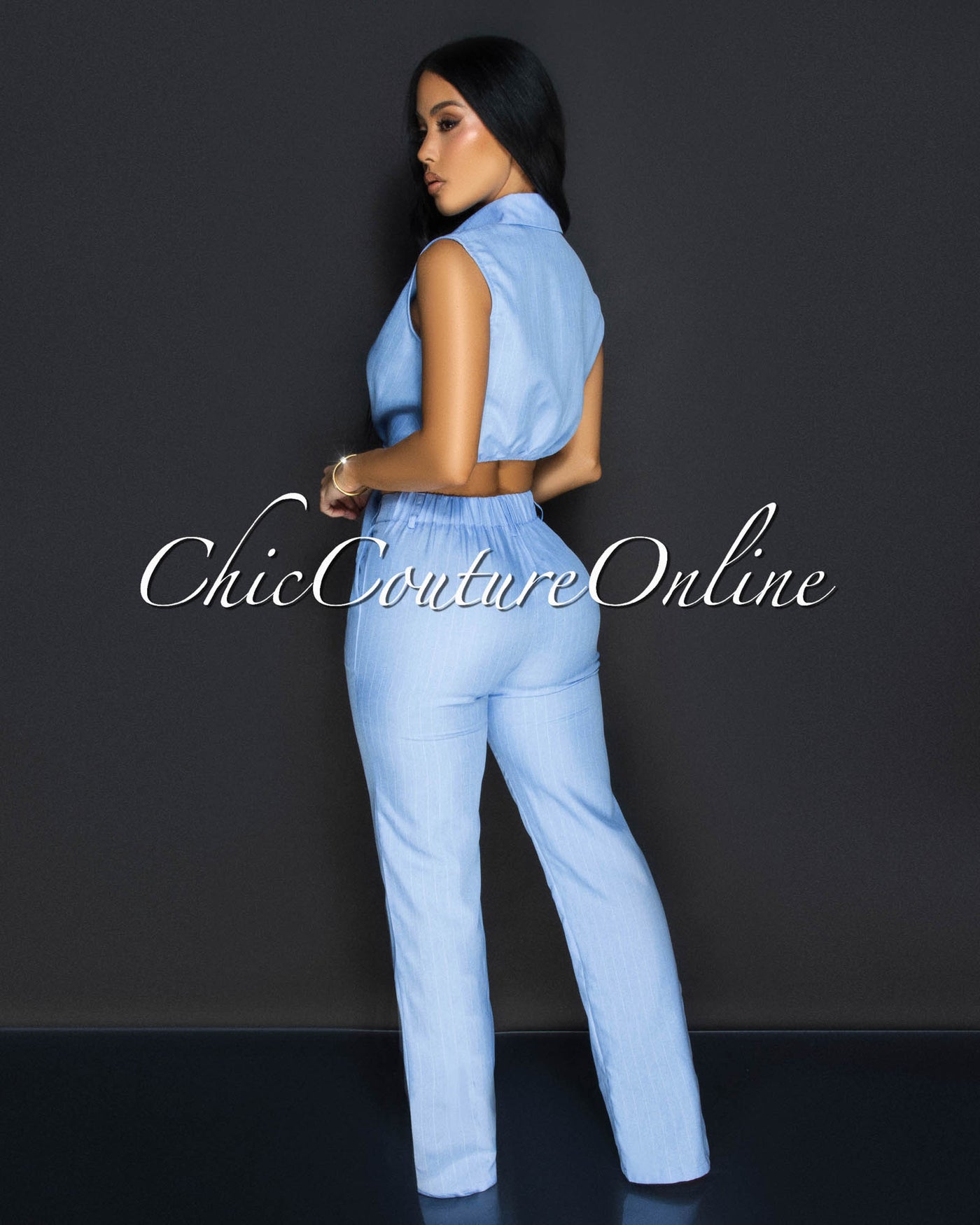 Azura Blue White Stripes Crop Top & Pants Set