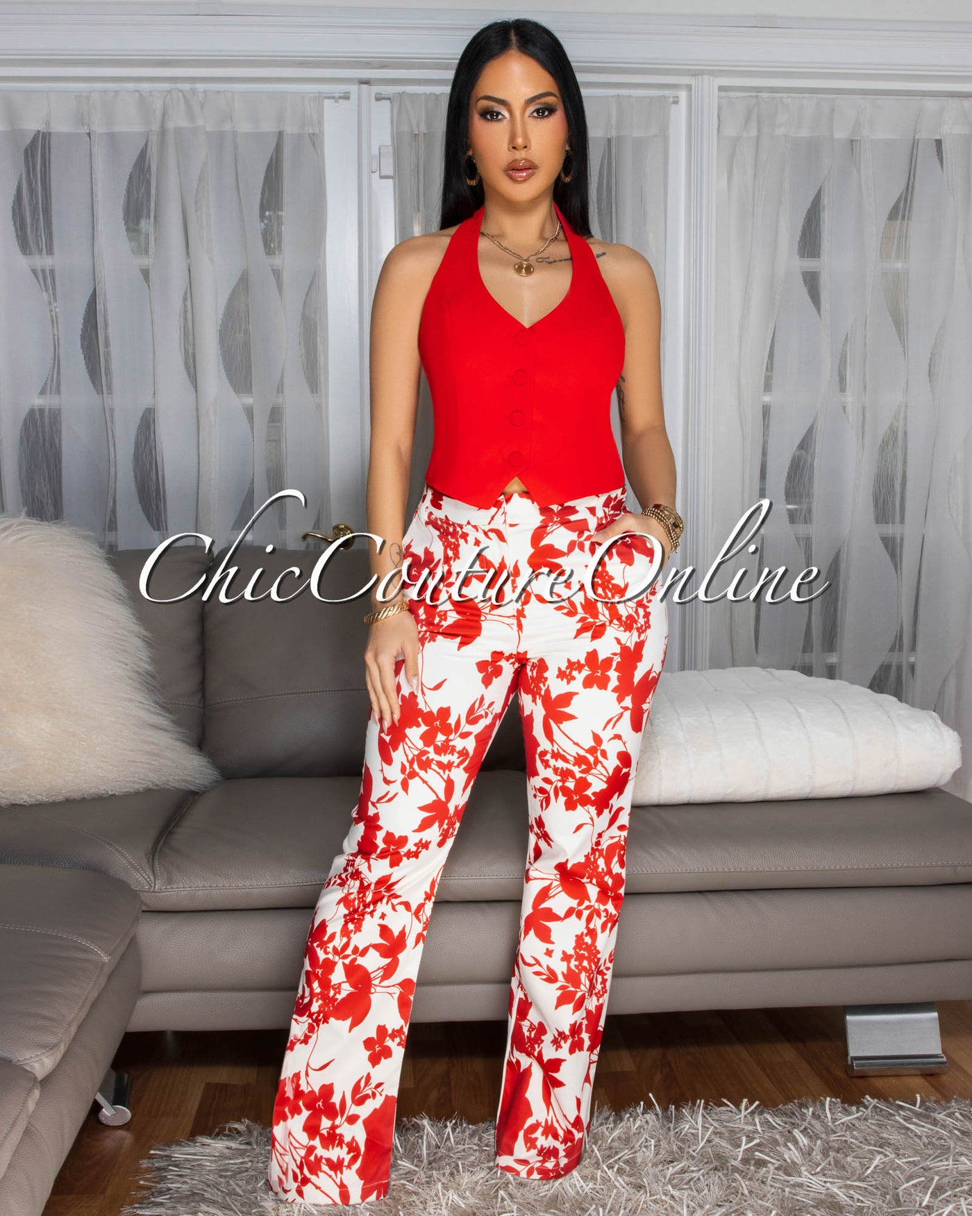 Larrah Cream Red Floral Print Straight Pants